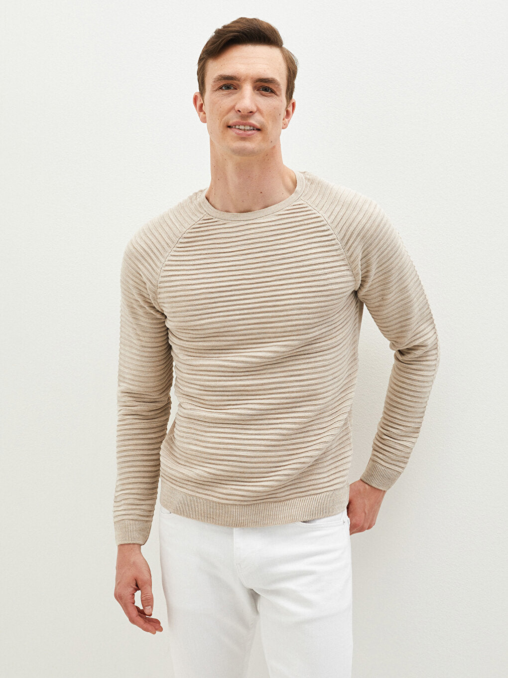 Crew Neck Long Sleeve Striped Thin Men's Knitwear Sweater