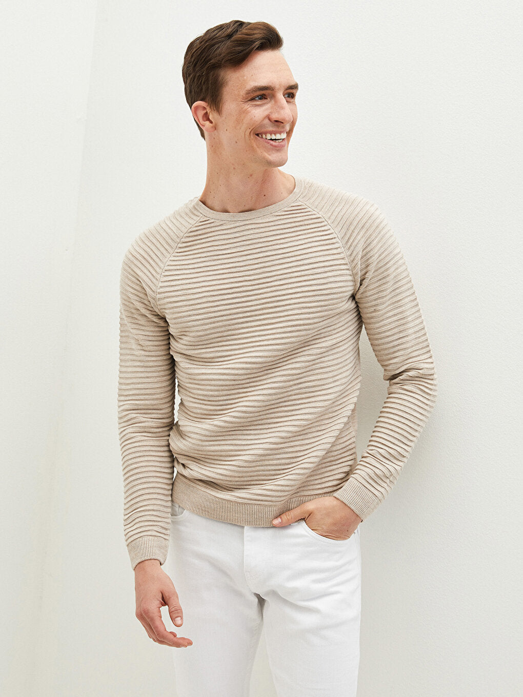 Crew Neck Long Sleeve Striped Thin Men's Knitwear Sweater