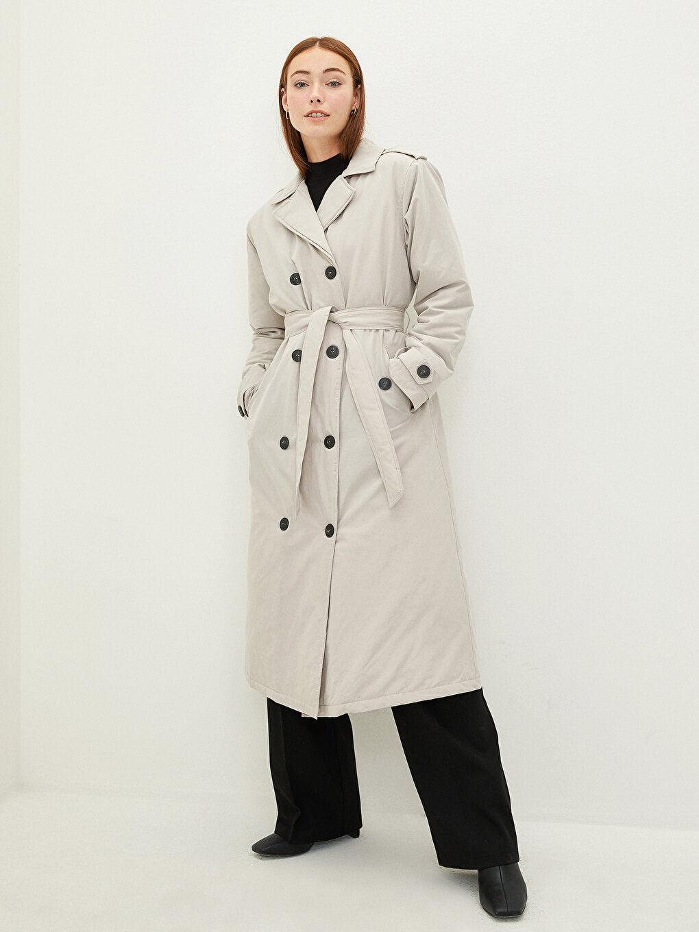 Jacket Collar Straight Long Sleeve Belted Waist Women's Trench Coat