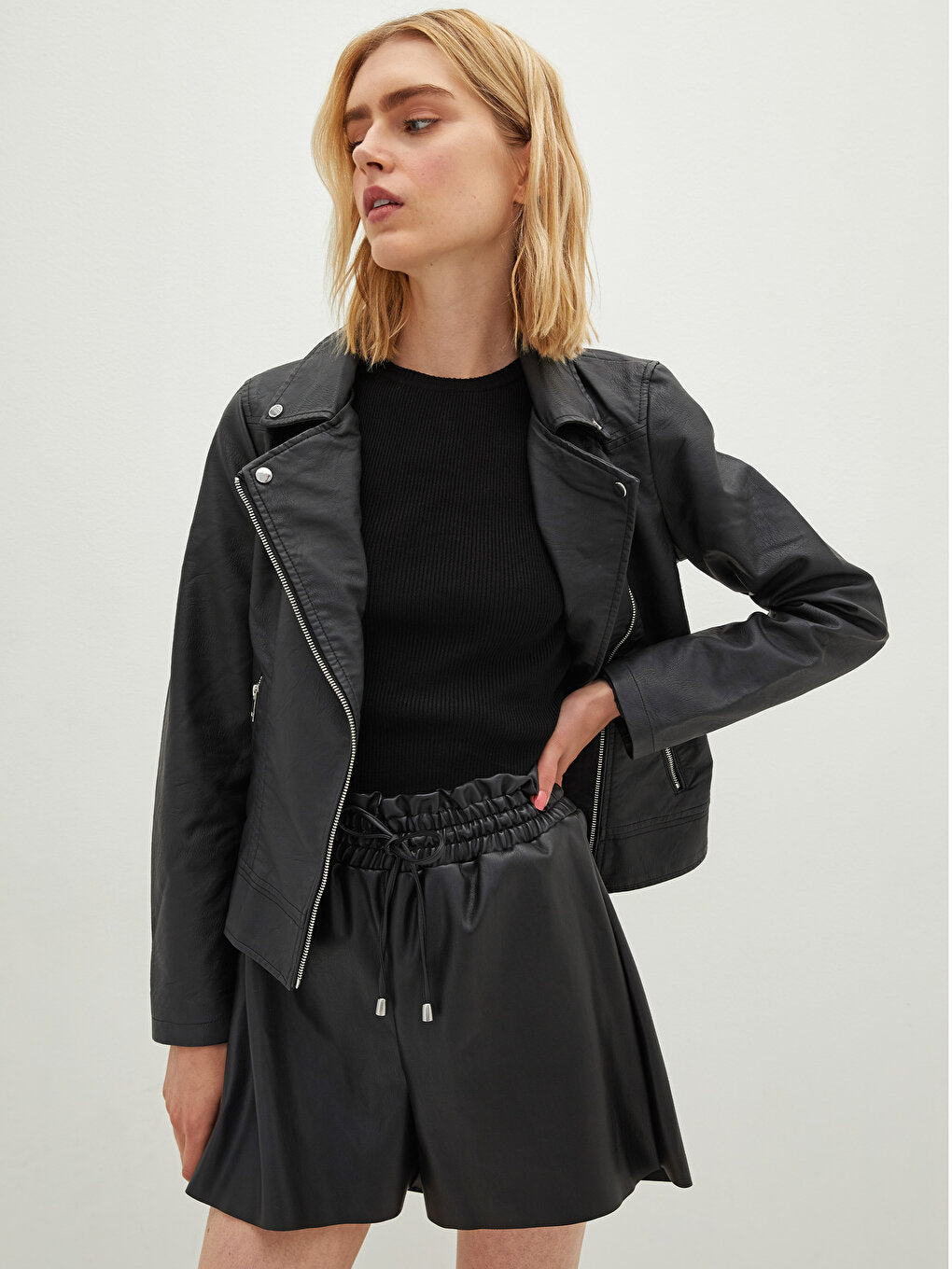 Biker Collar Plain Long Sleeve Zippered Women's Leather Look Coat