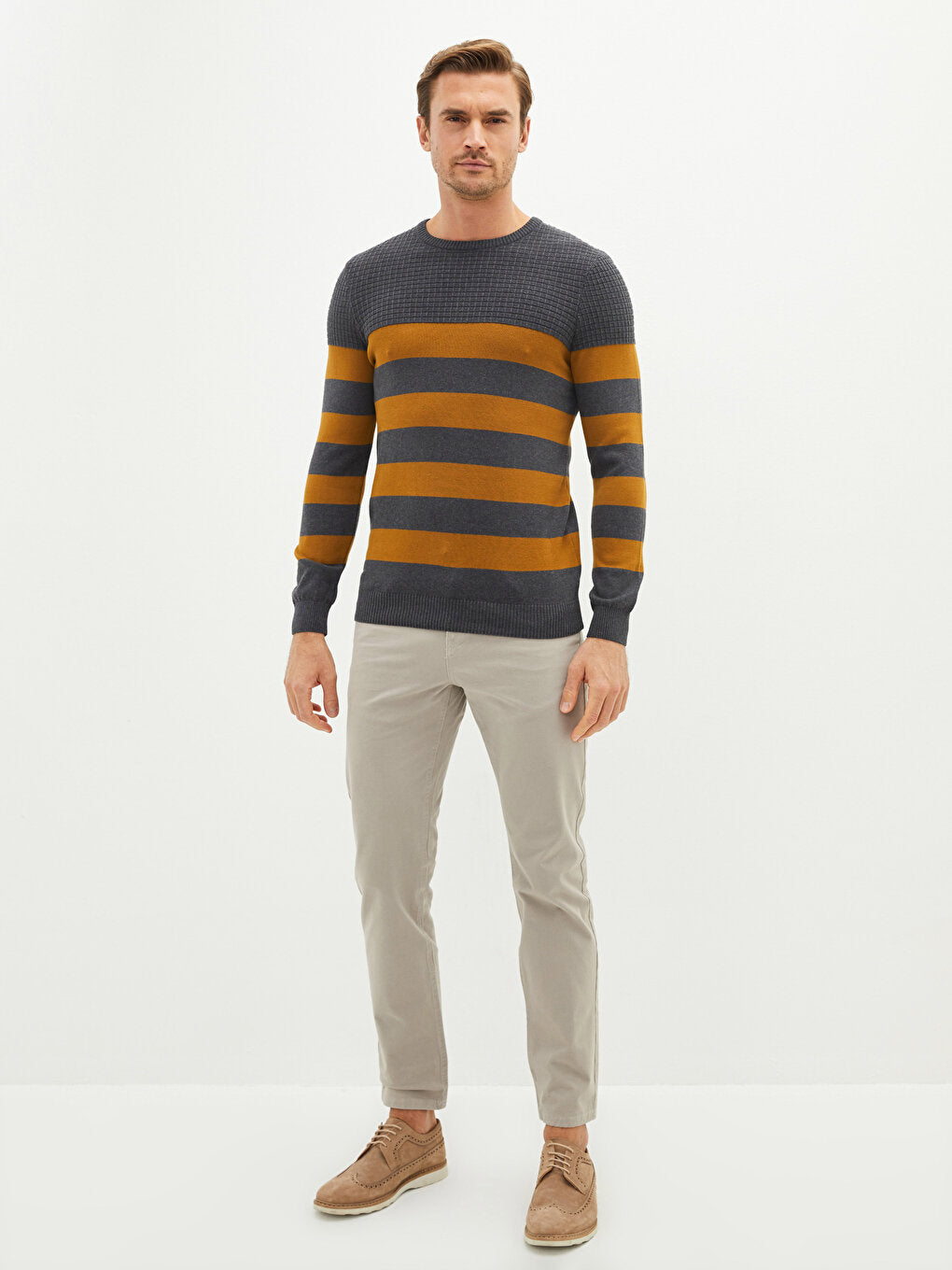 Crew Neck Long Sleeve Striped Men's Knitwear Sweater