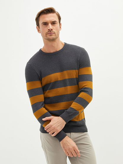 Crew Neck Long Sleeve Striped Men's Knitwear Sweater