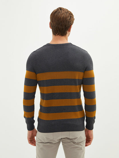 Crew Neck Long Sleeve Striped Men's Knitwear Sweater