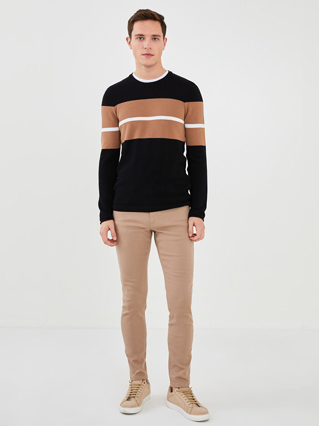 Crew Neck Long Sleeve Color Block Men's Knitwear Sweater