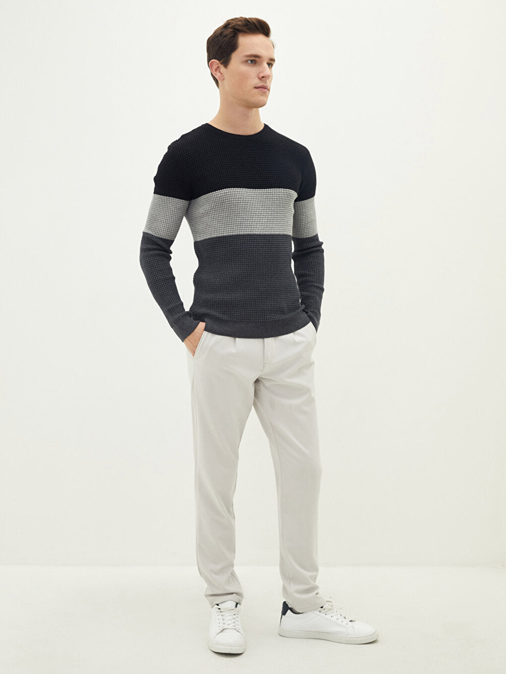 Crew Neck Long Sleeve Striped Thin Men's Knitwear Sweater