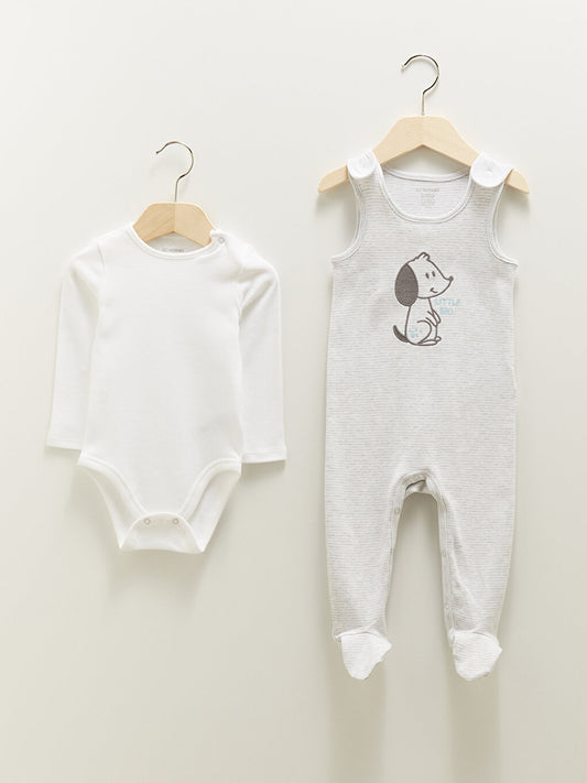 Crew Neck Printed Baby Boy Snap-On Bodysuit and Jumpsuit 2-Piece Set