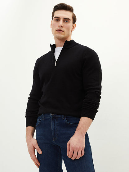 Zippered High Collar Long Sleeve Men's Knitwear Sweater