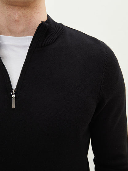 Zippered High Collar Long Sleeve Men's Knitwear Sweater