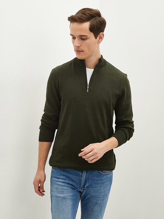 Zippered High Collar Long Sleeve Men's Knitwear Sweater