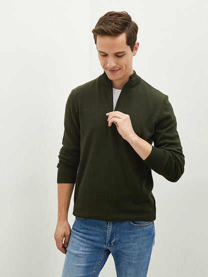 Zippered High Collar Long Sleeve Men's Knitwear Sweater