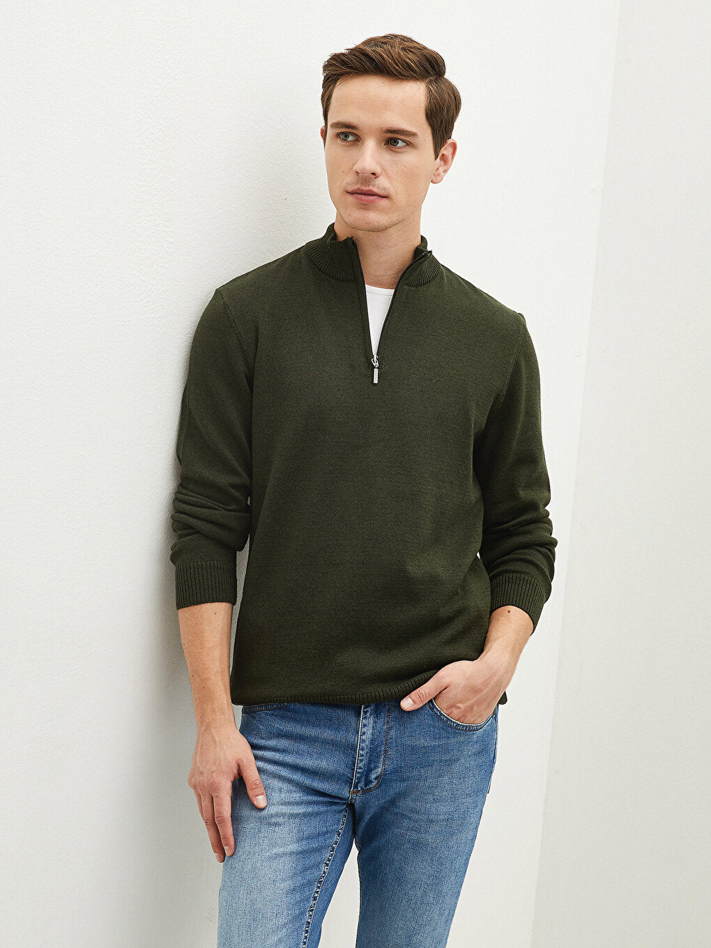 Zippered High Collar Long Sleeve Men's Knitwear Sweater