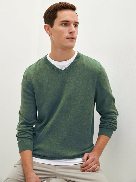 V-Neck Long Sleeve Basic Thin Men's Knitwear Sweater