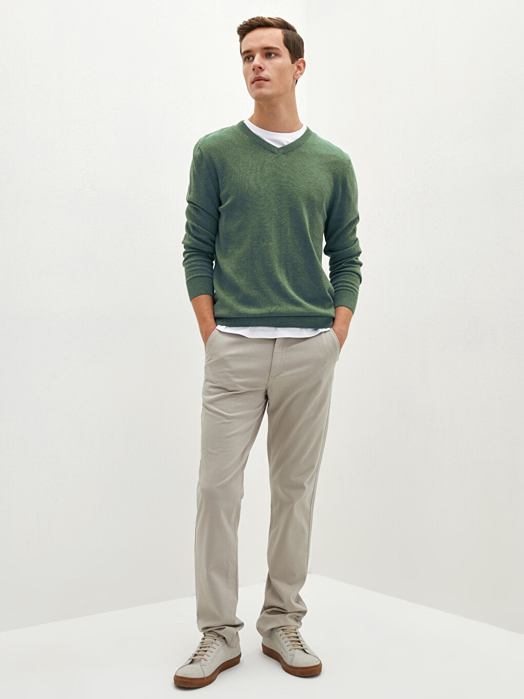 V-Neck Long Sleeve Basic Thin Men's Knitwear Sweater