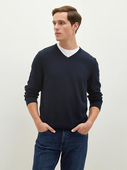 V-Neck Long Sleeve Basic Thin Men's Knitwear Sweater