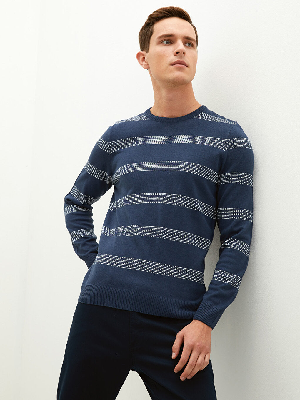 Crew Neck Long Sleeve Striped Men's Knitwear Sweater