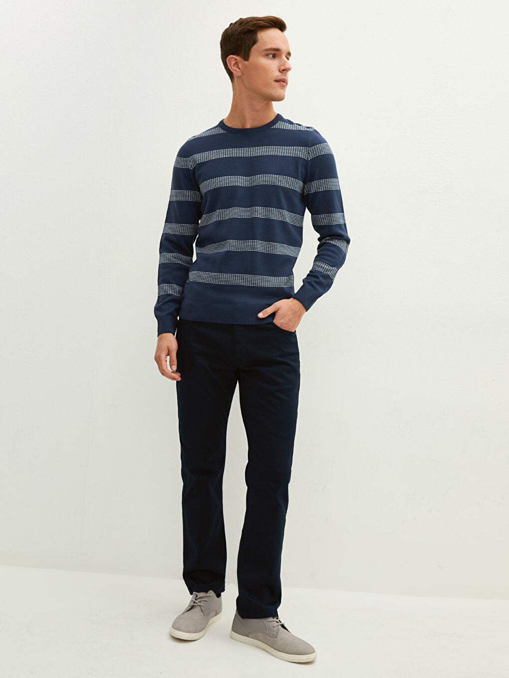 Crew Neck Long Sleeve Striped Men's Knitwear Sweater