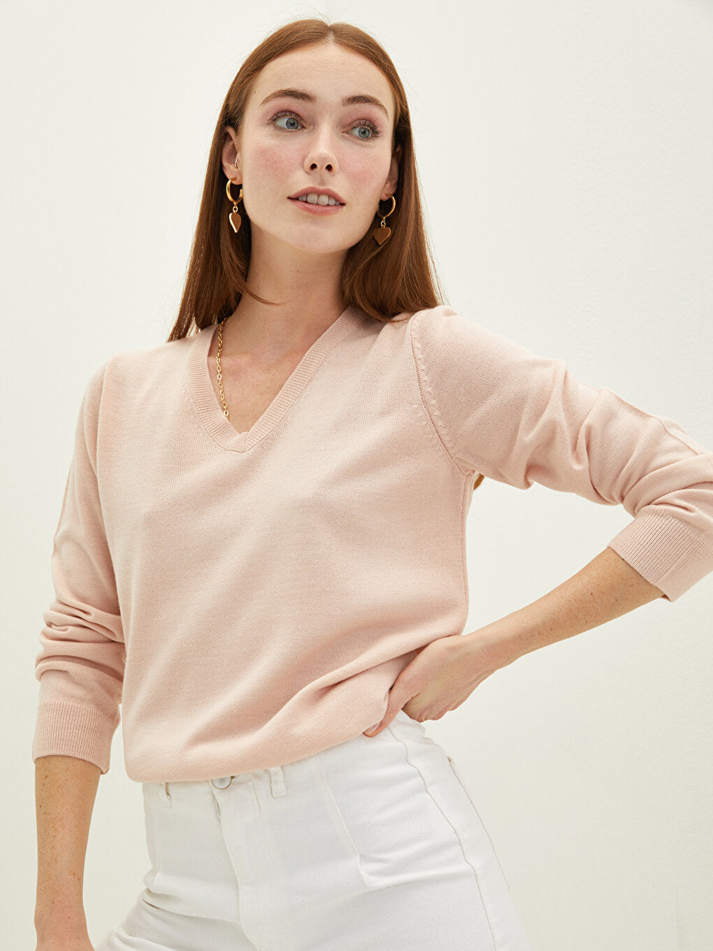 V-Neck Plain Long Sleeve Women's Knitwear Sweater