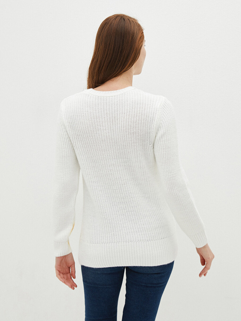 Crew Neck Self-Patterned Long Sleeve Women's Knitwear Sweater