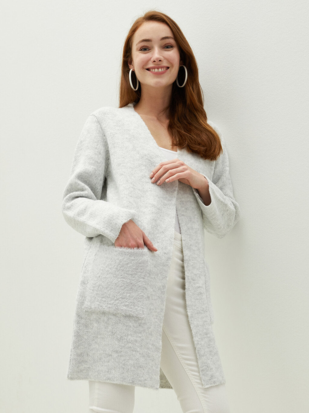 V-Neck Plain Long Sleeve Women's Knitwear Cardigan