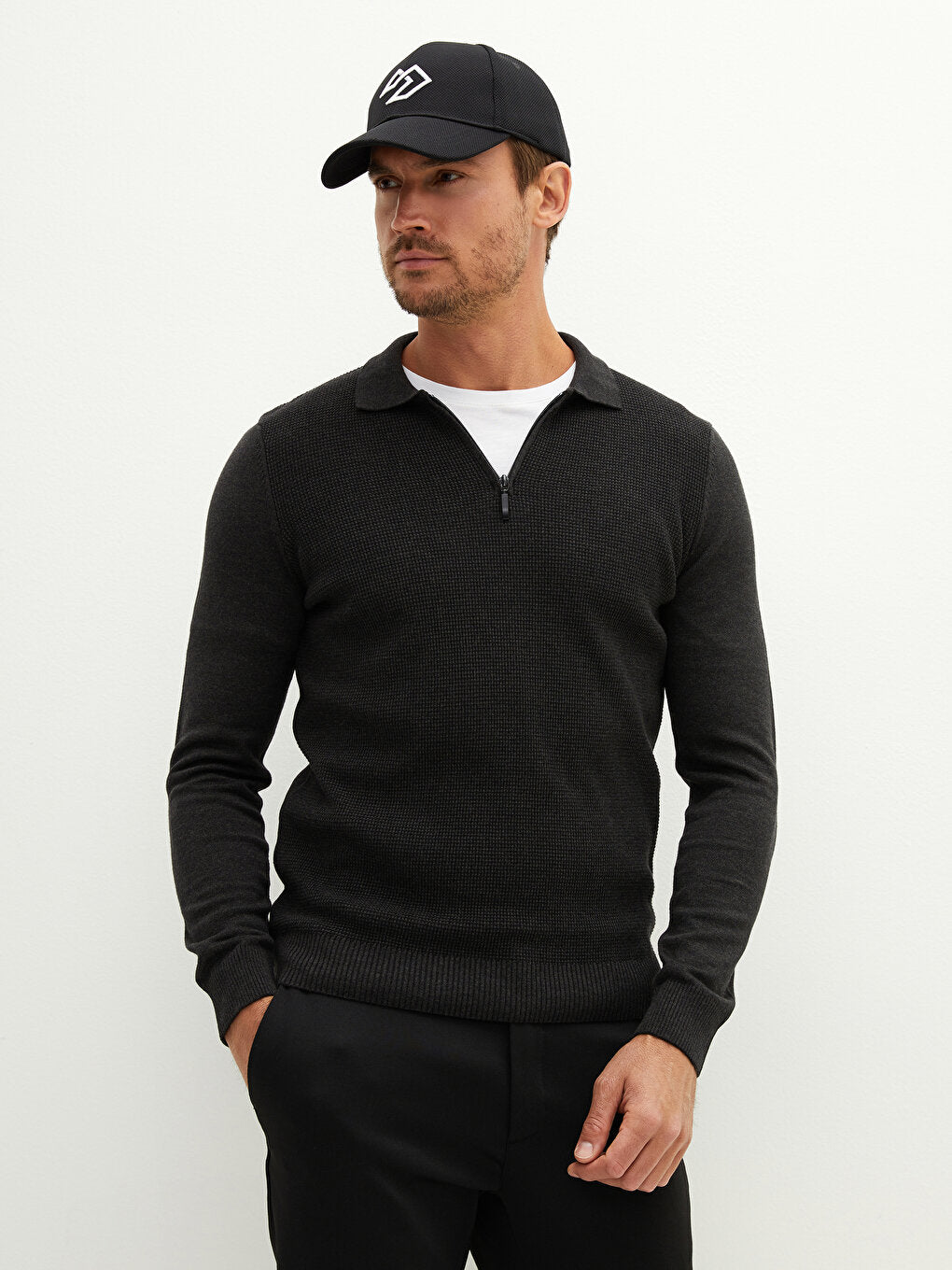 Polo Neck Long Sleeve Men's Knitwear Sweater