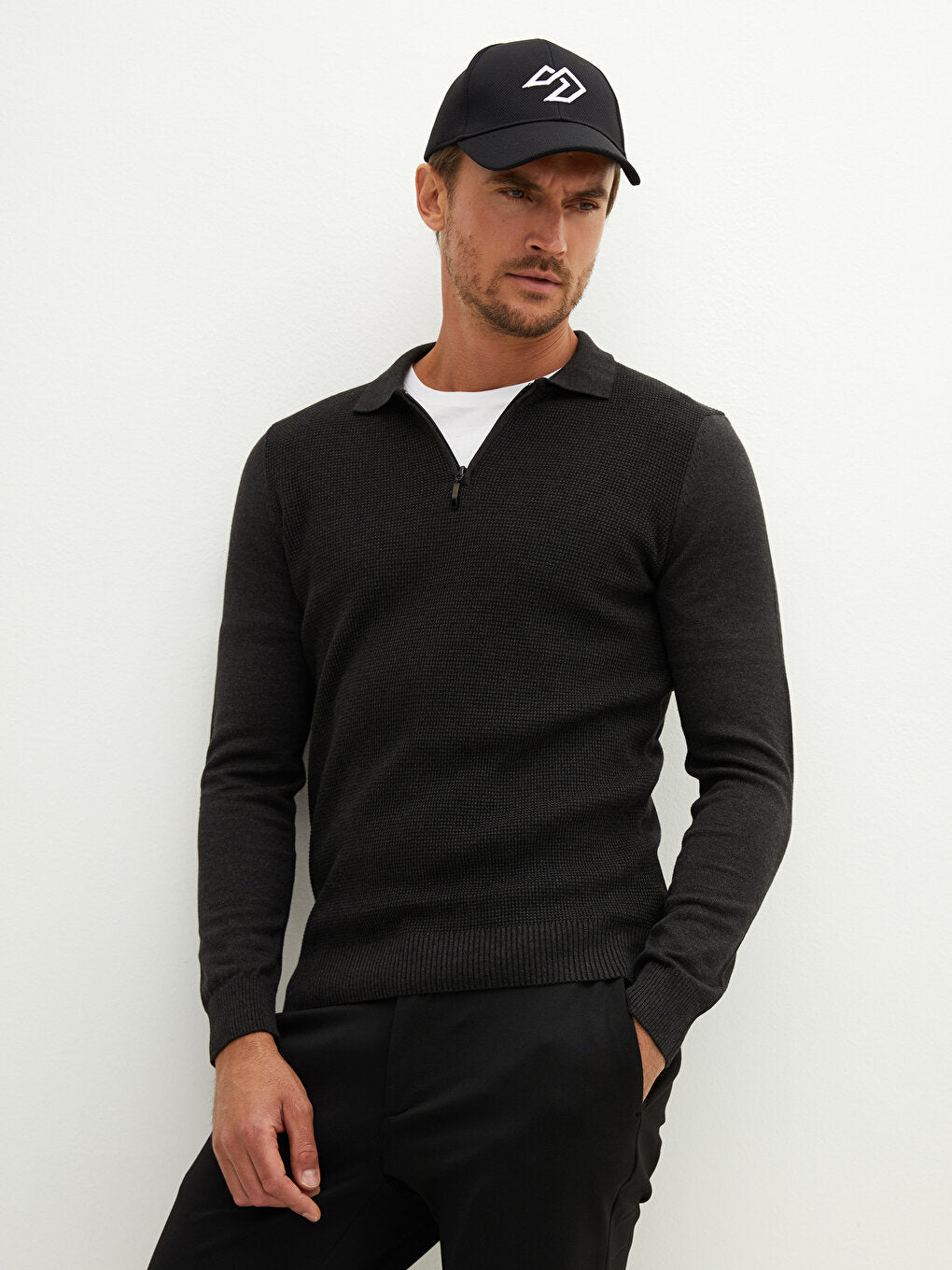 Polo Neck Long Sleeve Men's Knitwear Sweater