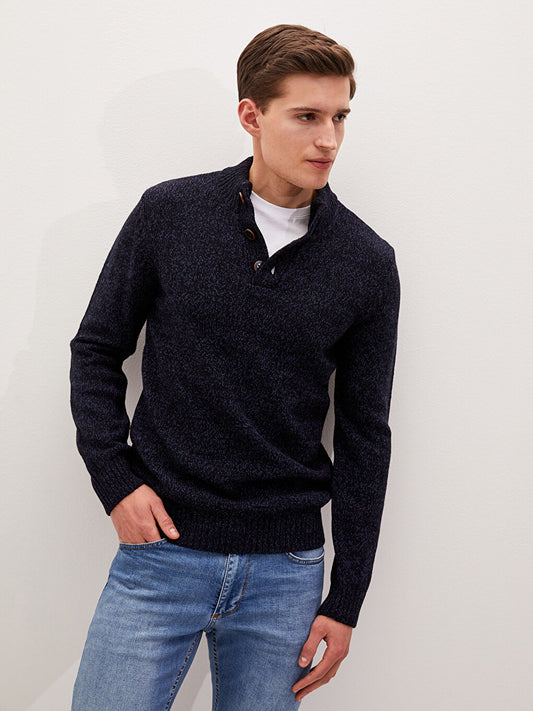 Buttoned Stand Collar Long Sleeve Men's Knitwear Sweater