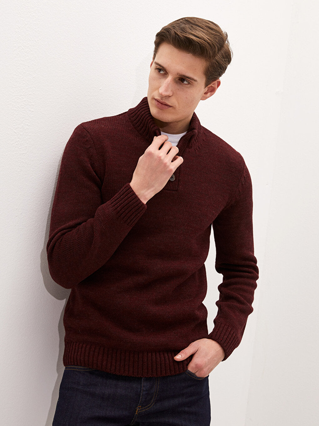 Buttoned Stand Collar Long Sleeve Men's Knitwear Sweater