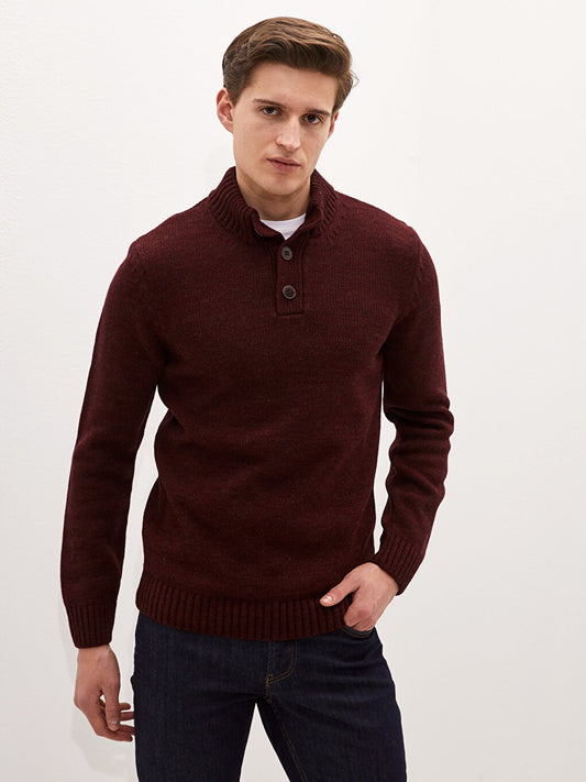 Buttoned Stand Collar Long Sleeve Men's Knitwear Sweater