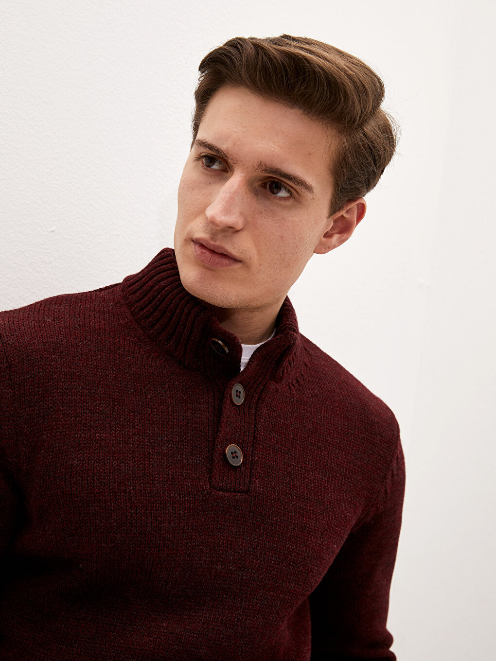 Buttoned Stand Collar Long Sleeve Men's Knitwear Sweater