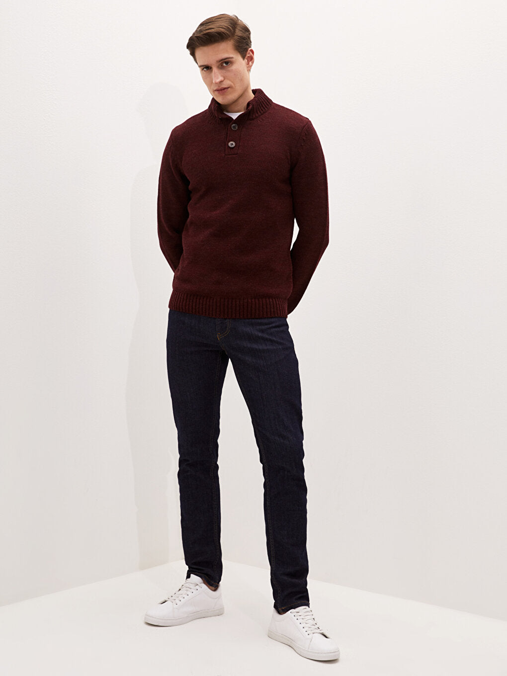 Buttoned Stand Collar Long Sleeve Men's Knitwear Sweater