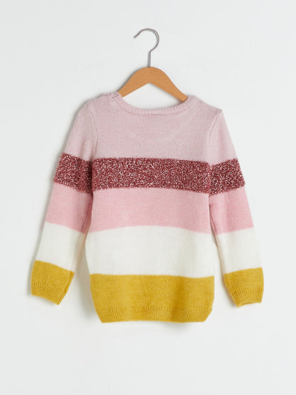 Crew Neck Color Blocked Long Sleeve Girl's Knitwear Sweater