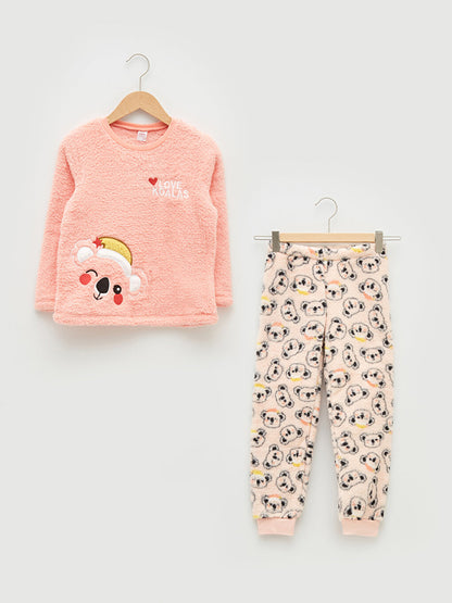 Crew Neck Embroidered Long Sleeve Plush Girls' Pajama Set