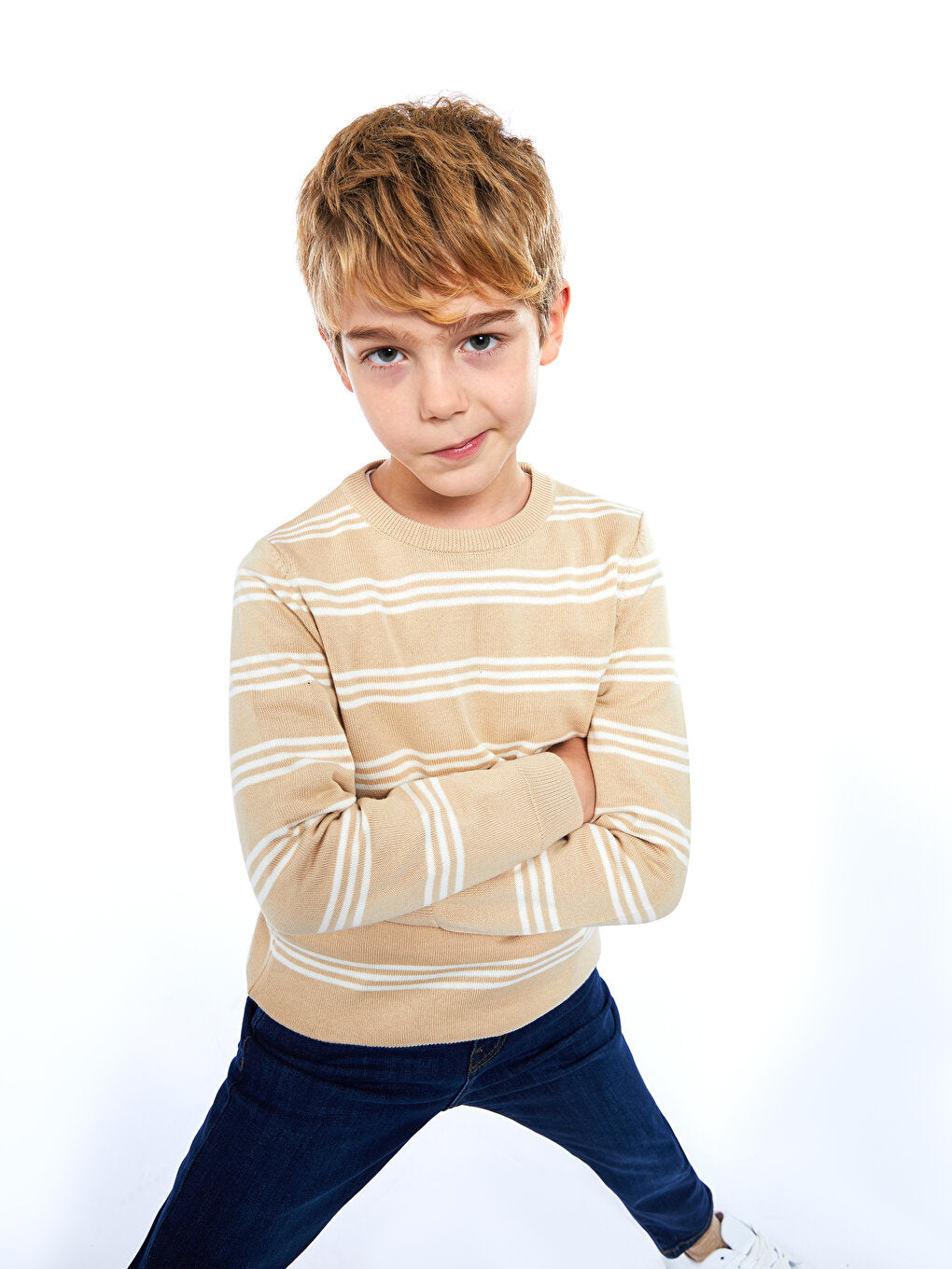 Crew Neck Striped Long Sleeve Boy's Thin Knitwear Sweater