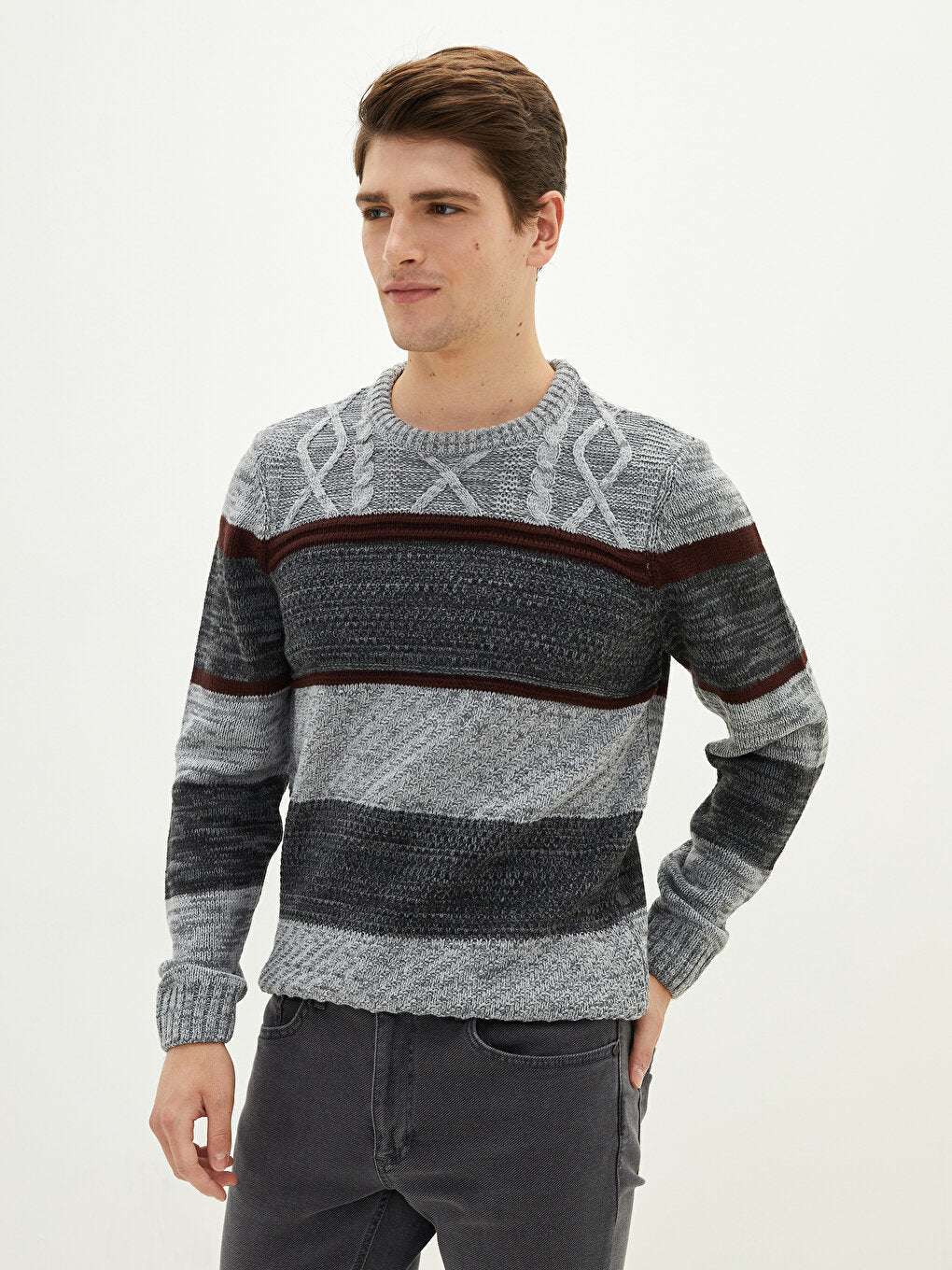 Crew Neck Long Sleeve Color Block Men's Knitwear Sweater