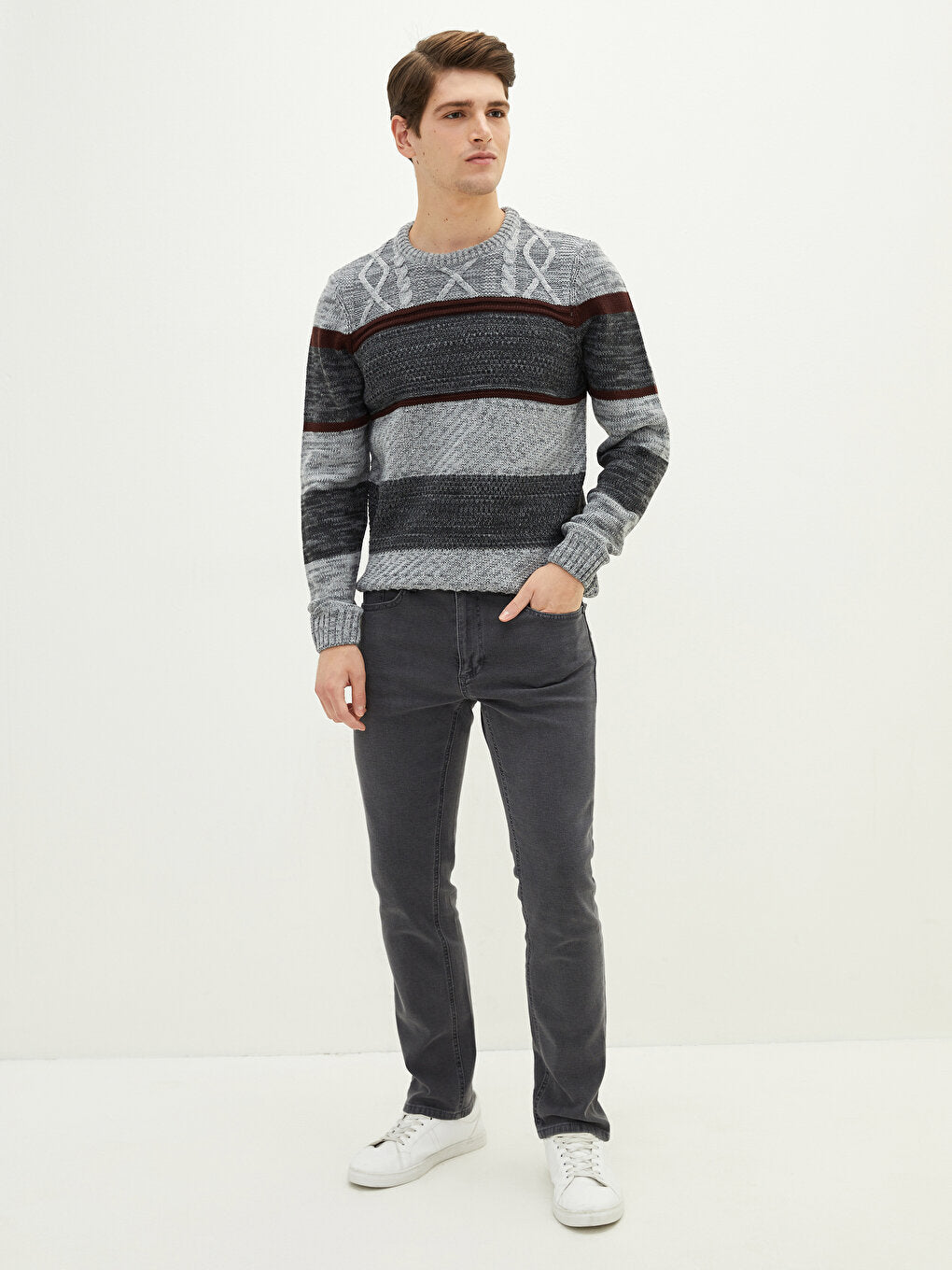 Crew Neck Long Sleeve Color Block Men's Knitwear Sweater