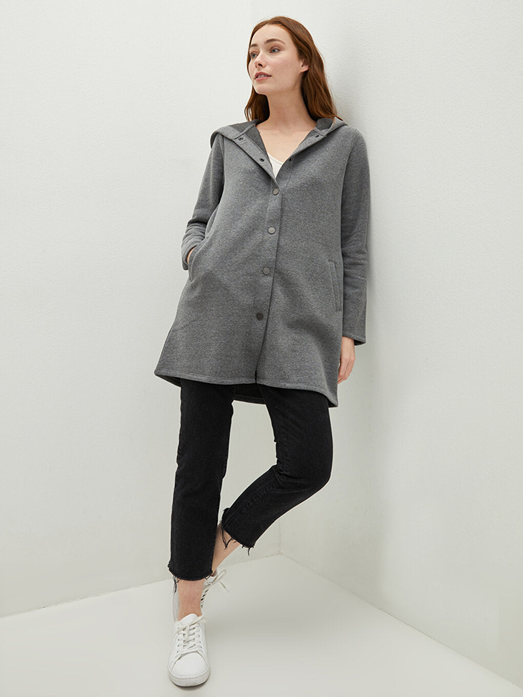 Hooded Collar Plain Pocket Detailed Long Sleeve Women's Cardigan