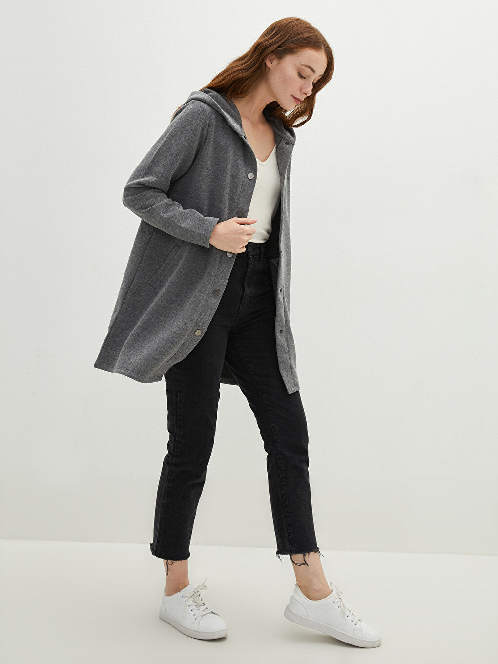 Hooded Collar Plain Pocket Detailed Long Sleeve Women's Cardigan