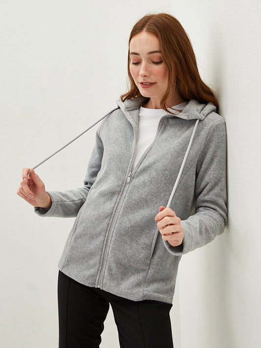 Hooded Plain Pocket Detailed Long Sleeve Fleece Women's Sports Cardigan