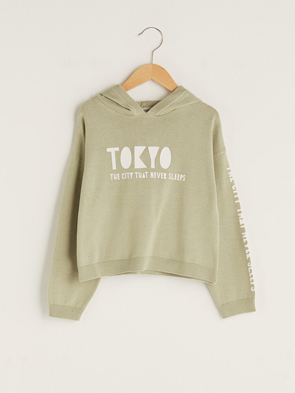 Hooded Text Printed Long Sleeve Girls Knitwear Sweater