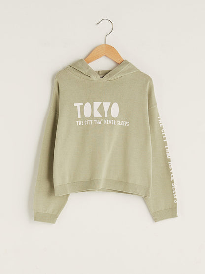 Hooded Text Printed Long Sleeve Girls Knitwear Sweater