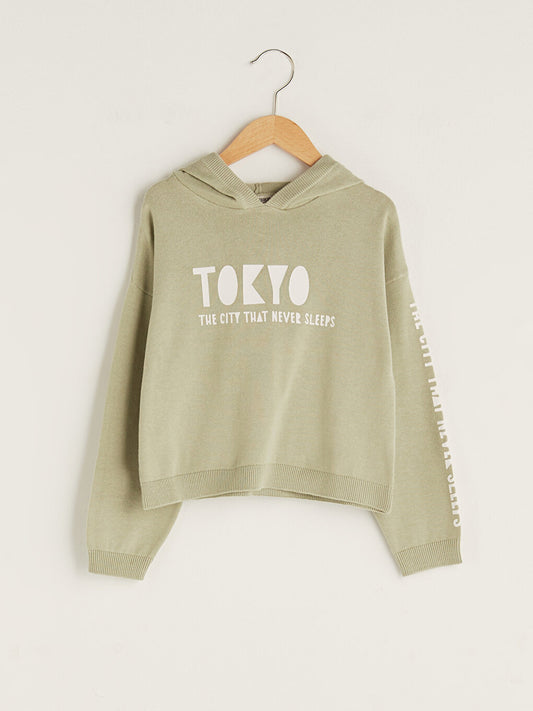 Hooded Text Printed Long Sleeve Girls Knitwear Sweater