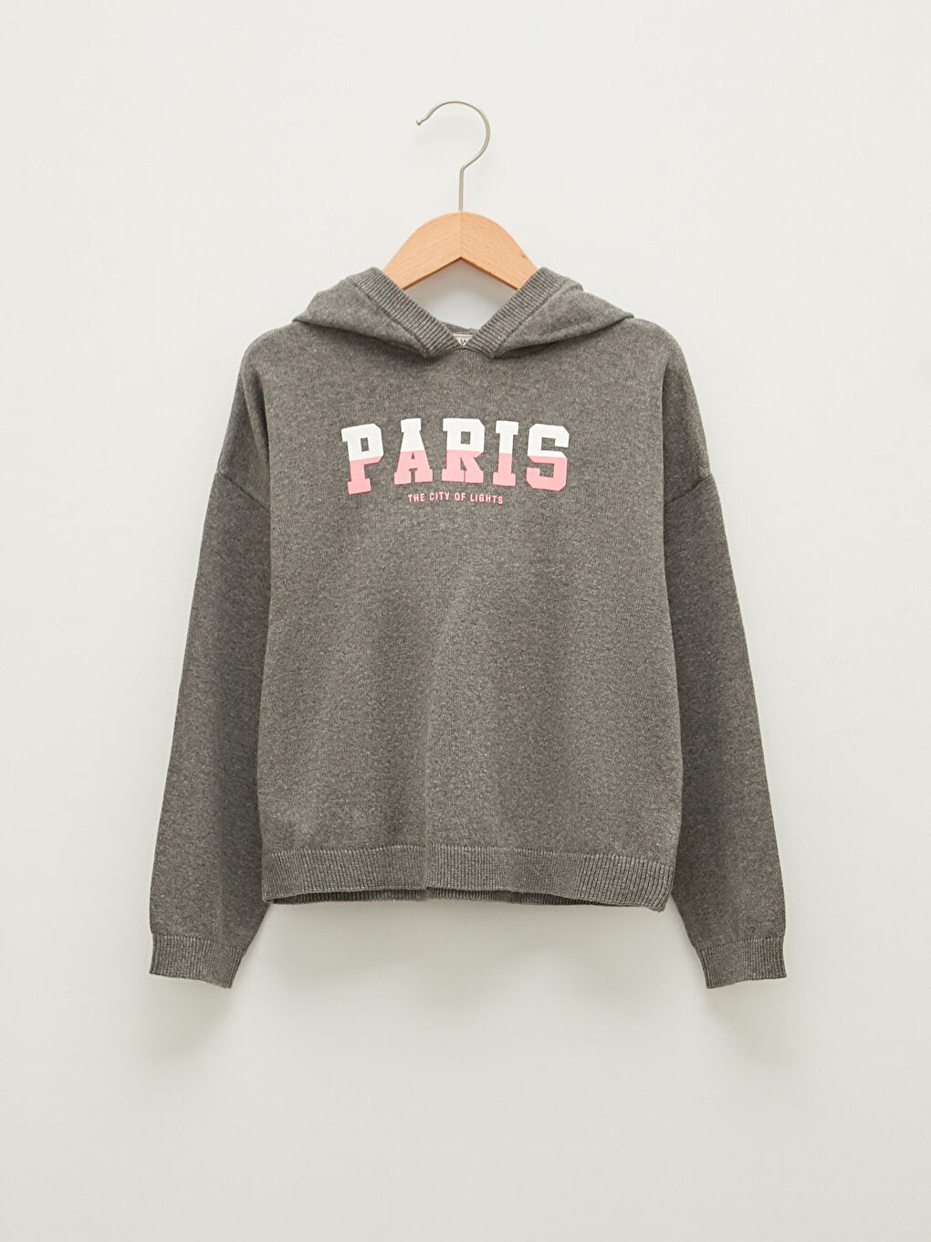 Hooded Text Printed Long Sleeve Girls Knitwear Sweater