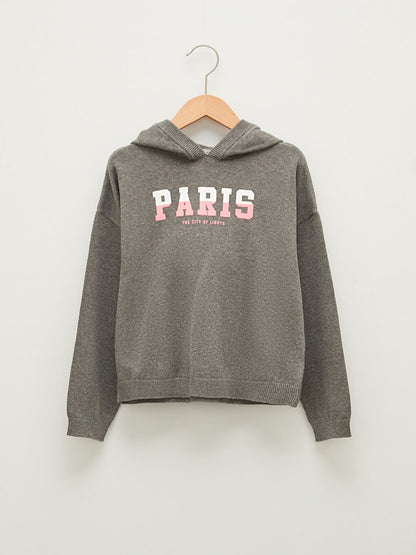 Hooded Text Printed Long Sleeve Girls Knitwear Sweater