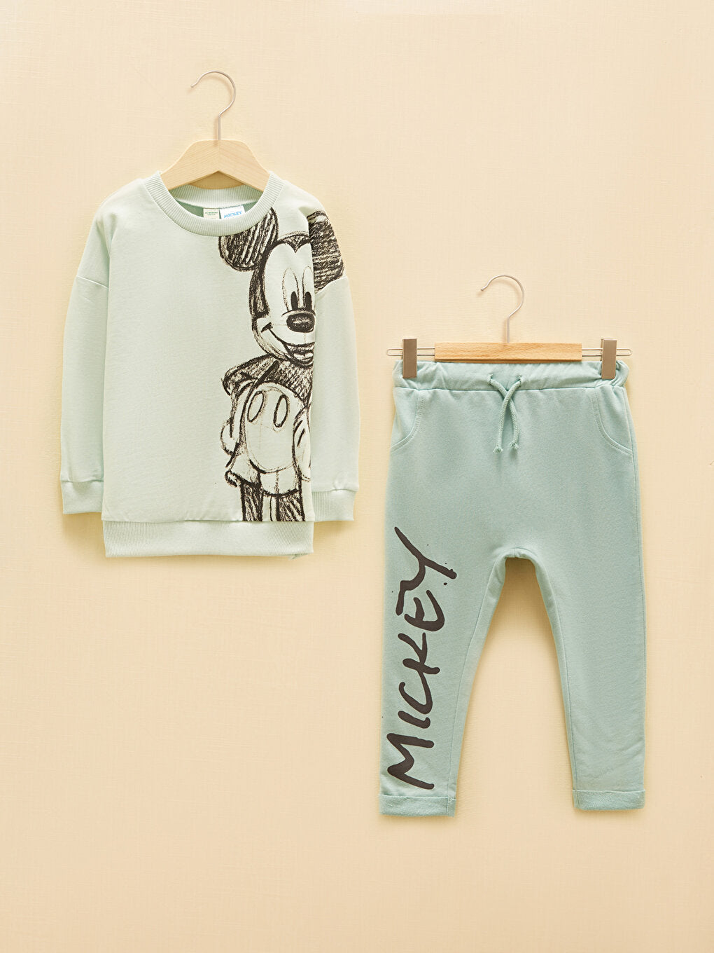 Crew Neck Mickey Mouse Printed Long Sleeve Organic Cotton Baby Boy Sweatshirt and Trousers 2-Piece Set