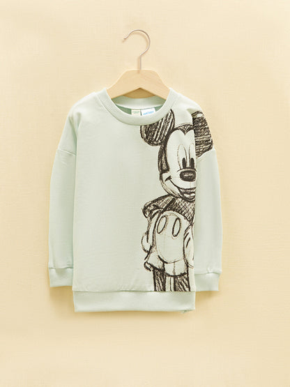 Crew Neck Mickey Mouse Printed Long Sleeve Organic Cotton Baby Boy Sweatshirt and Trousers 2-Piece Set