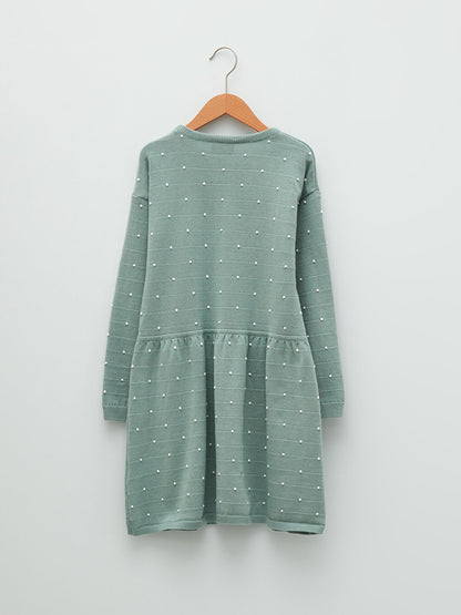 Crew Neck Polka Dot Long Sleeve Girl's Knitwear Dress