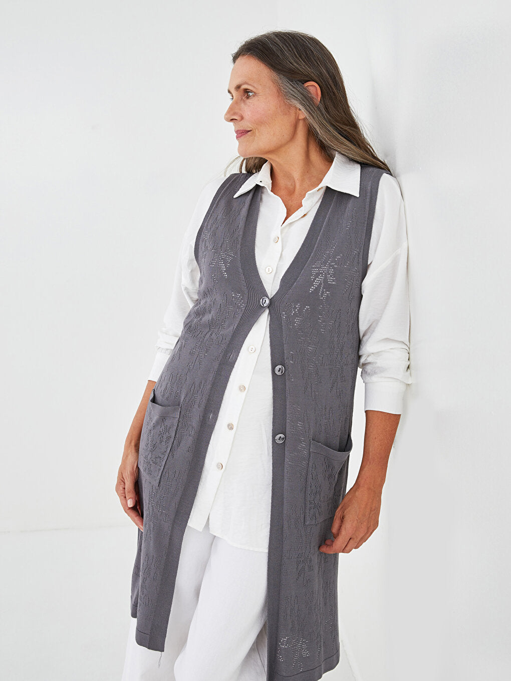 V-Neck Self-Patterned Women's Knitwear Vest with Pocket Detail