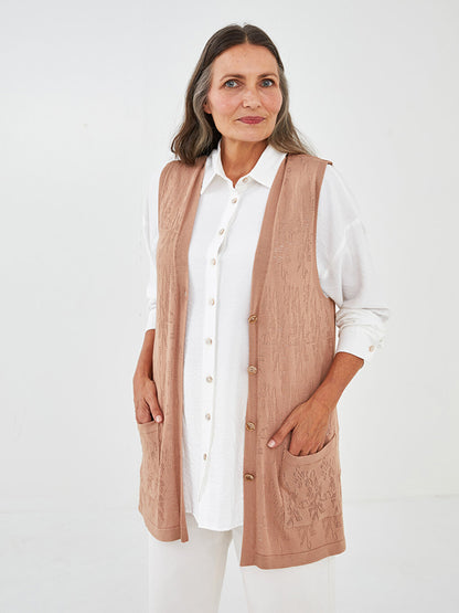 V-Neck, Self-Patterned, Front Button Closure, Long Sleeve Women's Knitwear Vest