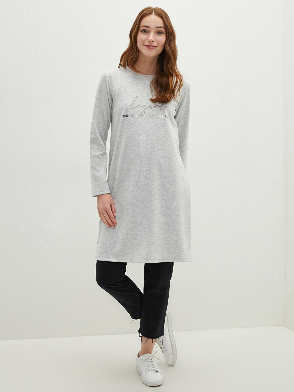 Crew Neck Printed Long Sleeve Women's Tunic