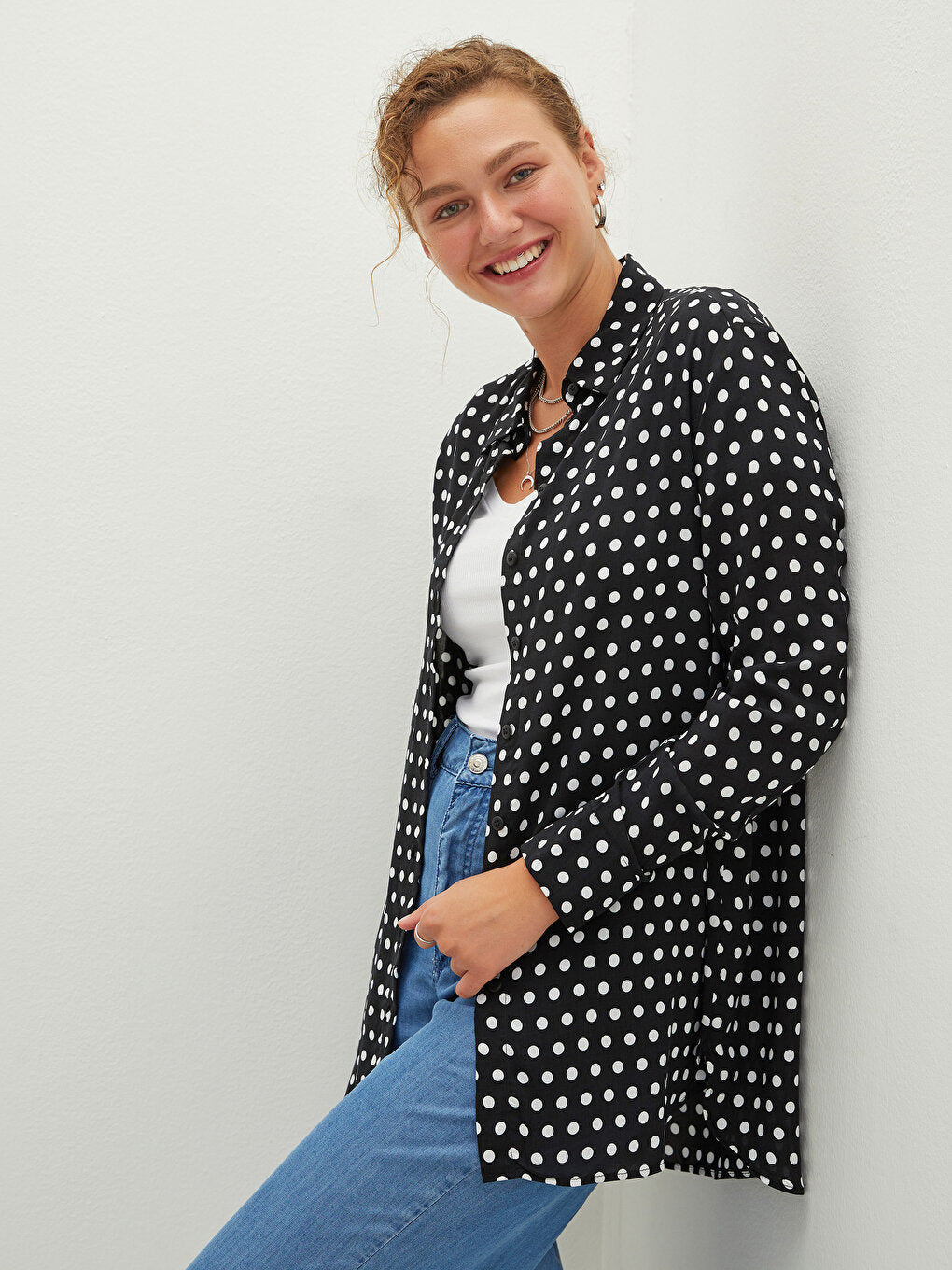 Front Button Closure Polka Dot Long Sleeve Poplin Women's Shirt